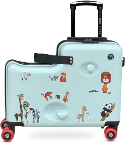 Cegali 2025 Itsy Rider 20" Ride-on Suitcase for Kids with Double Spinner Red Wheels (Green Safari)