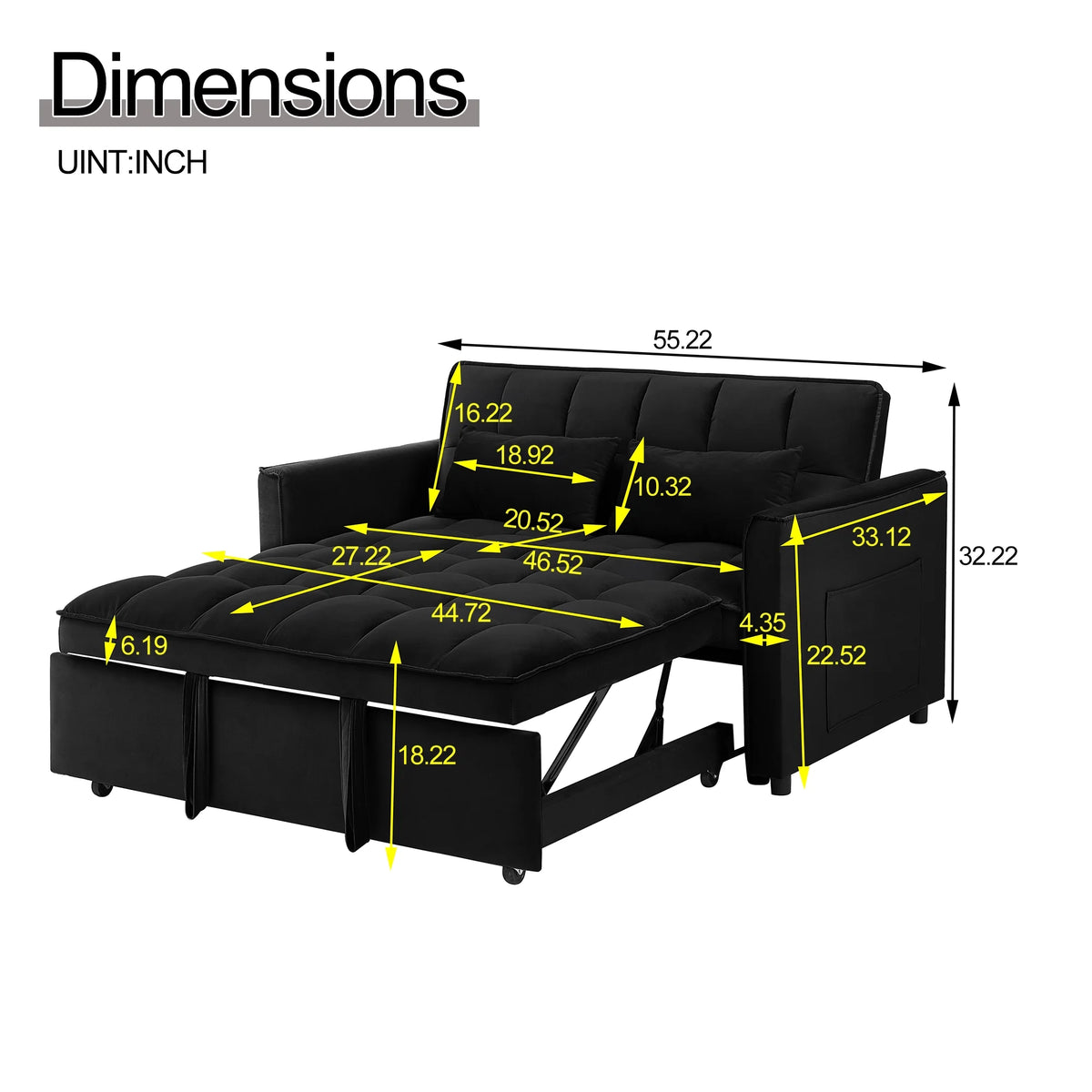 Convertible Sofa Bed,3-in-1 Sleeper Sofa with Pull Out Bed,Sleeper Futon Couch Loveseat with Adjsutable Backrest and Pillows for Living Room,Black