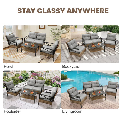 Heavy-duty Patio Furniture Set, 4 Piece Outdoor Sectional Conversation Sets, BrownPE Rattan Patio Sofa Set with Blue Cushions