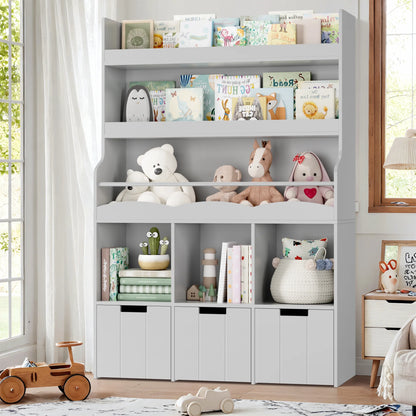 Homfa 55.5�� H Kids Bookshelf with 2-Tier Book Shelves, Children Toy Organizer with 3 Cubes and Removable Drawers, White