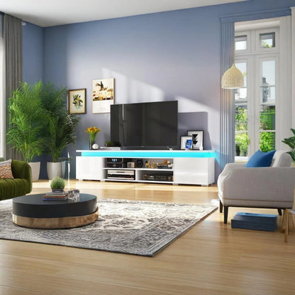 LED TV Stand for up to 85" TVs with Power Outlet, 75" Large Entertainment Center Console Table Gaming Soundbar Shelf with 2 Storage Cabinets