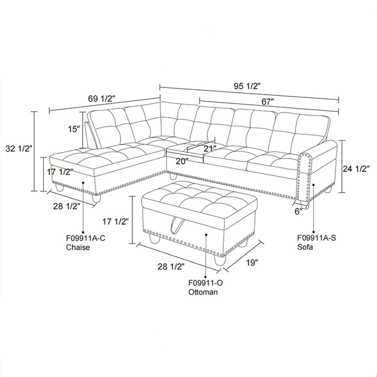 Aukfa 3 Piece Sectional Sofa, Living Room Couch with Storage Ottoman&Cup Holder, Linen, Right Hand, Purple
