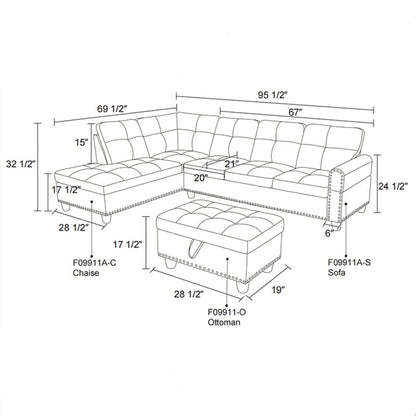 Aukfa 3 Piece Sectional Sofa, Living Room Couch with Storage Ottoman&Cup Holder, Linen, Right Hand, Purple