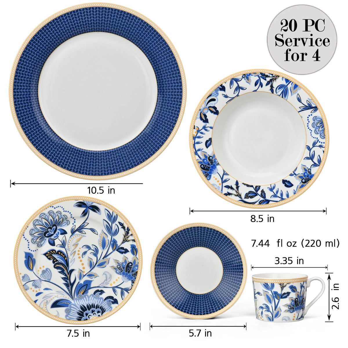 STP GOODS Melodie de Fleurs Bone China Dinnerware Set of 24 Service for 6 24-Piece Dish Set of Plates and Bowls, Blue Gold White