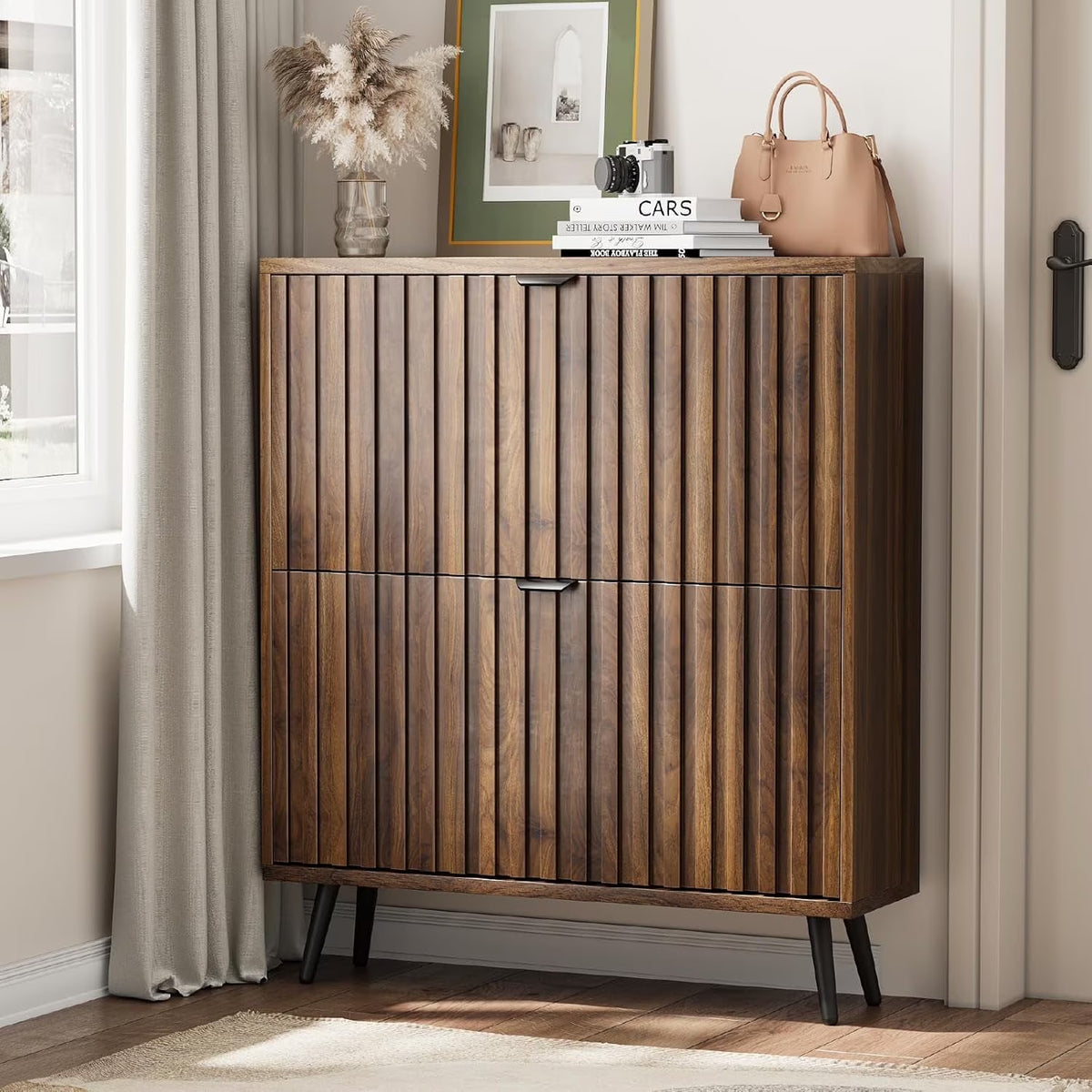Smart FENDEE Shoe Cabinet with 2 Flip Drawers Freestanding 24 Pair Shoe Storage Cabinet for Entryway