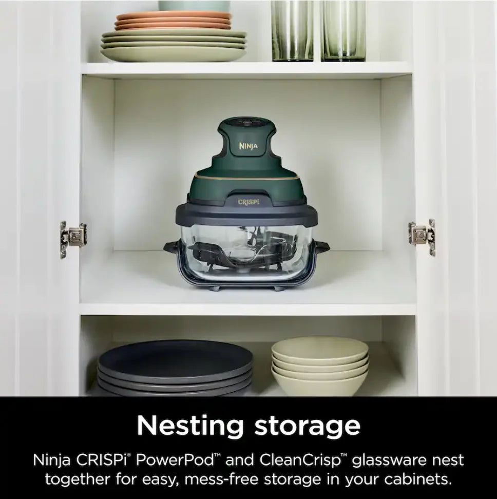 Ninja Crispi 5-in-1 Portable Glass Air Fryer Cooking System FN103BF, British Racing Green with Soft Gold Trim, 1500W, New