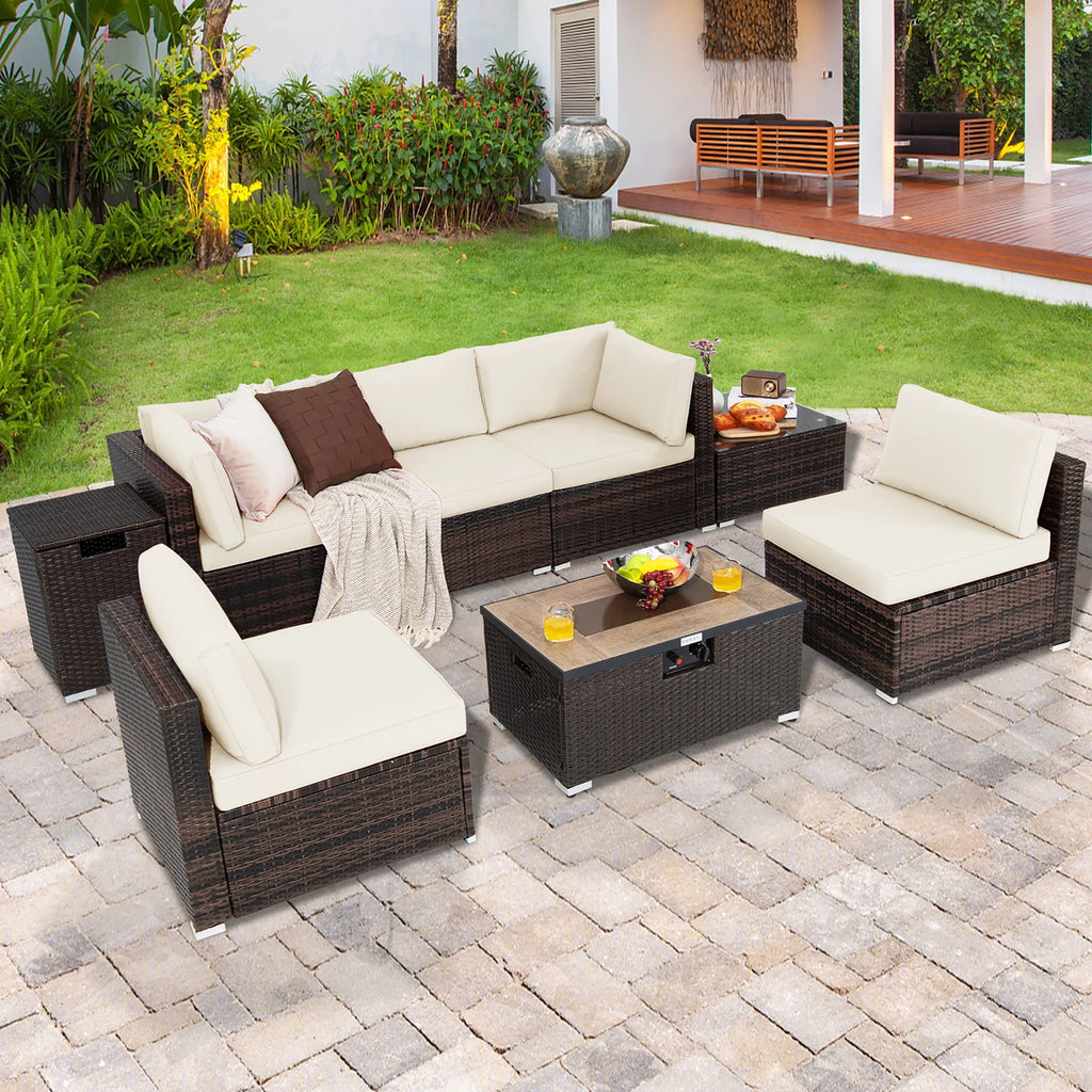 Costway 8PCS Patio Rattan Furniture Set Fire Pit Table Tank Holder Cover Deck Black