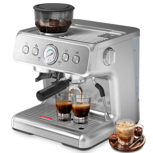 Auseo  20 Bar Automatic Espresso Coffee Maker with Grinder and Milk Frother Steam Wand, Drip Hot Coffee, 1&2 Cups, Espresso/Cappuccino/Latte/Mocha for Home, Stainless Steel