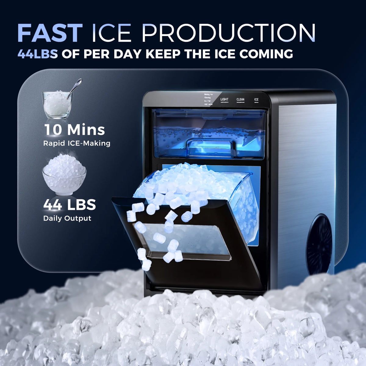 Simzlife Nugget Ice Maker Countertop, 44.9lbs per Day Chewable Pebble Nugget Ice Machine with Touch Screen for Home, Kitchen, Office, Stainless Steel, Black