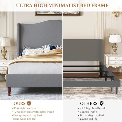 Neche Queen Upholstered Bed Frame with 51" Tall Headboard Classic Curved Wingback Platform Bed with Soft Fabric, Retro Simple Sleigh Bedframe No Box Spring Needed/Easy Assembly, White