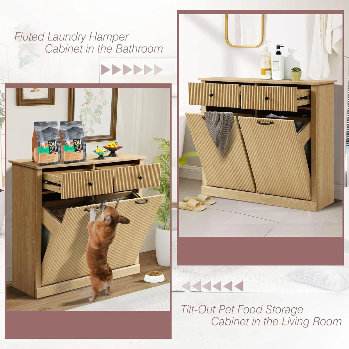 Haverchair Double Tilt Out Laundry Hamper Cabinet, Modern Fluted Trash Can Cabinets with Drawer, Wooden Hidden Garbage Cabinet for Kitchen and Bathroom