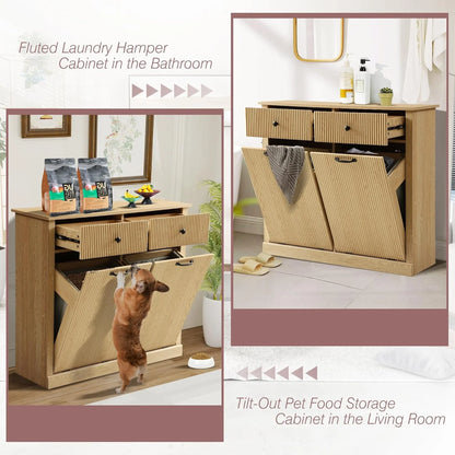 Haverchair Double Tilt Out Laundry Hamper Cabinet, Modern Fluted Trash Can Cabinets with Drawer, Wooden Hidden Garbage Cabinet for Kitchen and Bathroom