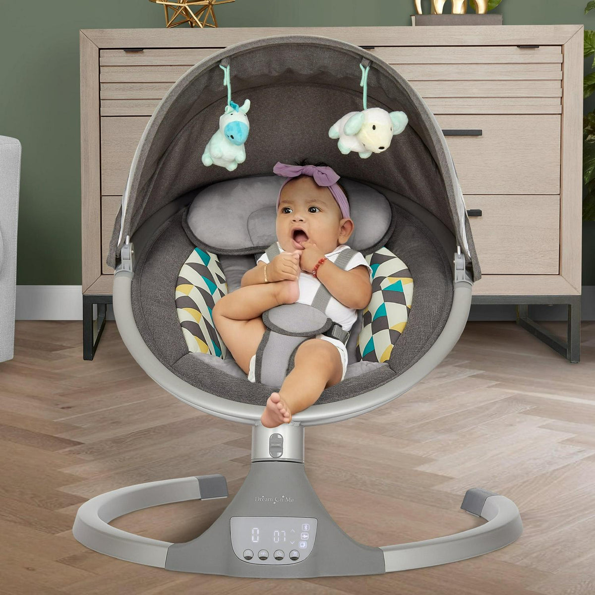 Dream On Me Zazu Baby Swing. Baby Swing for Infant. 5 - Swinging Speed. Two Attached Toys. Bluetooth Enabled and Remote Control. Grey and Blue