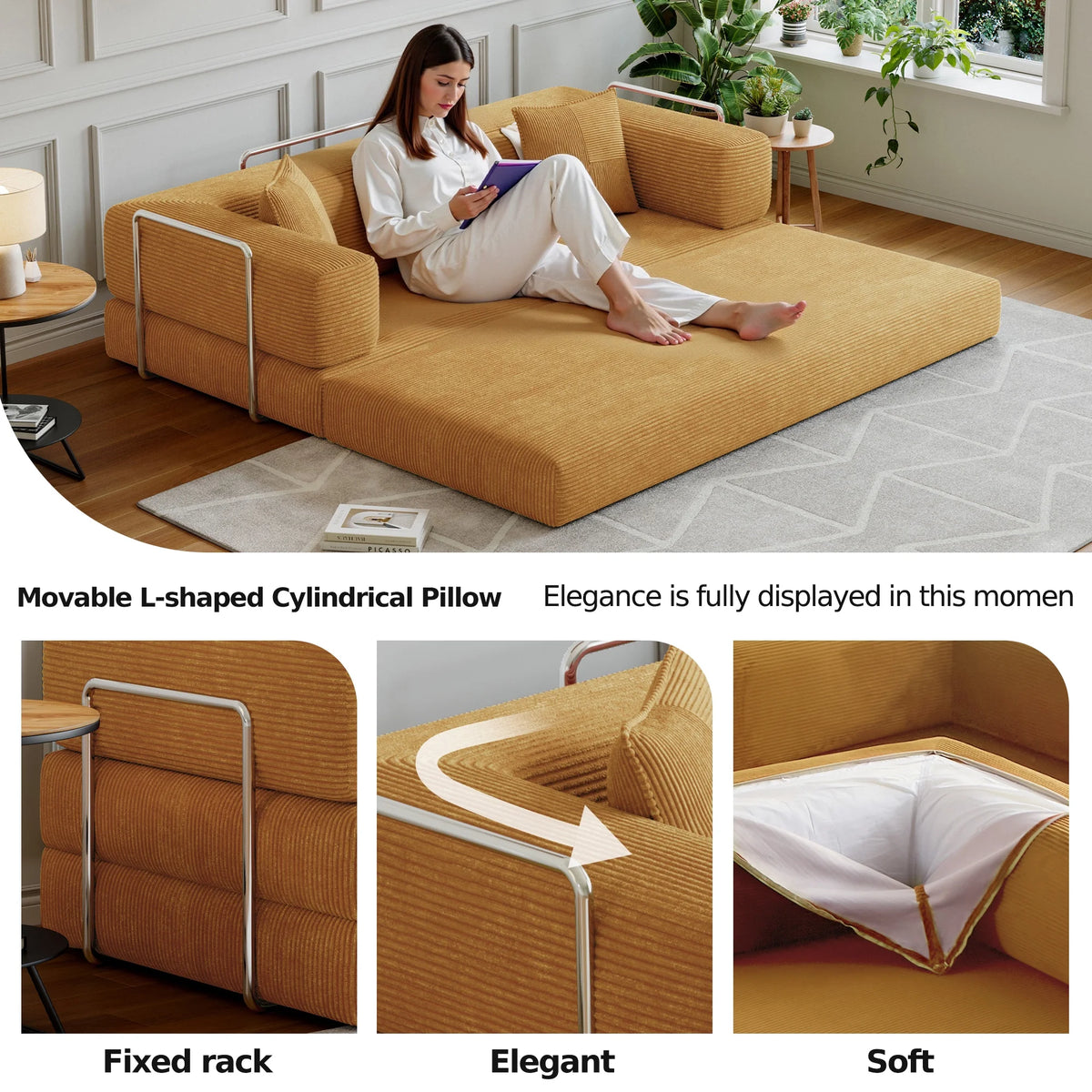 Convertible Sleeper Sofa Bed,Compressed Floor Boneless Couch,Modular Modern Corduroy Sofa for Living Room Bedroom -with Fixed-Shape Frame and Support Armrest,Easy Assembly(Green)