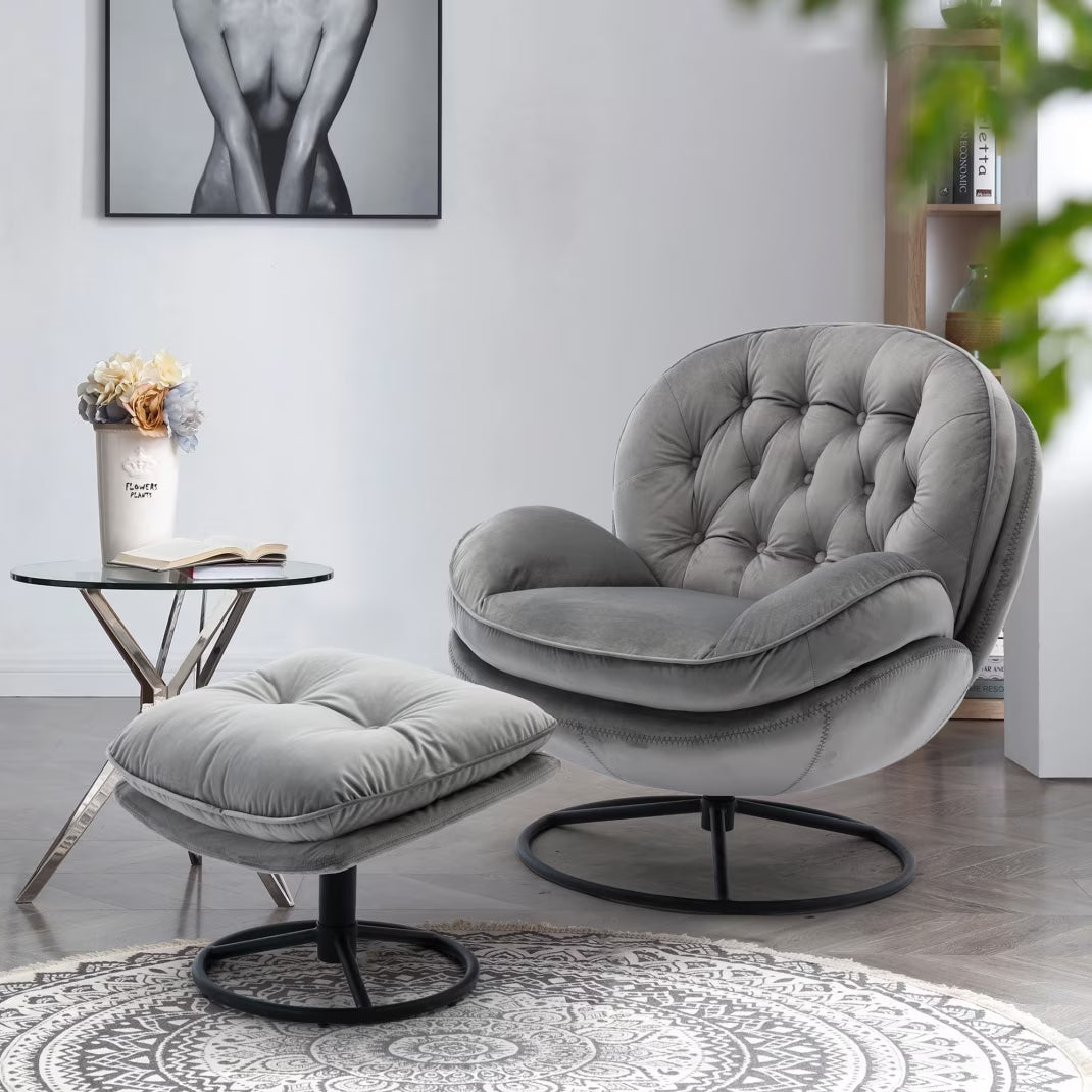 Velvet Swivel Accent Chair with Ottoman Set, Modern Tufted Armchair with Footrest for Living Room Reading TV Chairs for Adults, Comfy Chaise Lounge Chairs with 360 Degree Swiveling for Bedroom, Pink