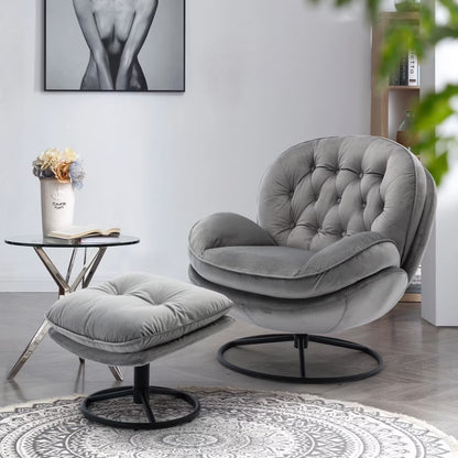 Velvet Swivel Accent Chair with Ottoman Set, Modern Tufted Armchair with Footrest for Living Room Reading TV Chairs for Adults, Comfy Chaise Lounge Chairs with 360 Degree Swiveling for Bedroom, Pink