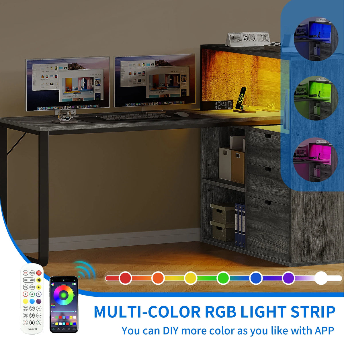 Dextrus L Shaped Desk with Power Outlets & LED Lights, Computer Desk with 3 Drawers and 3 Storage Shelves, White Office Desk Corner Desk for Home Office