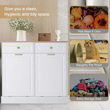 Eclife 20 Gallons Double Tilt Out Trash Cabinet Wood Tabletop, Upgrade Gray, WB010GY