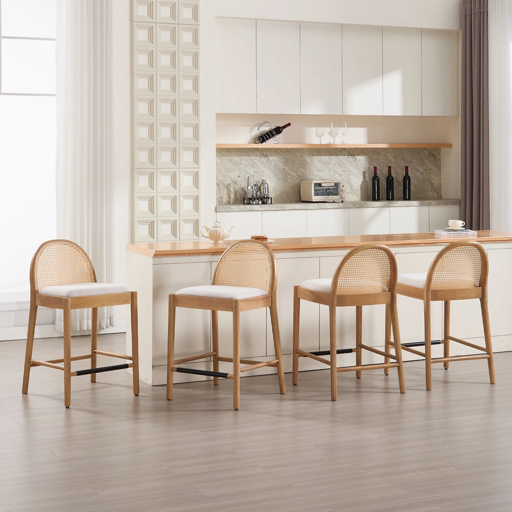 Guyou Modern Bar Stools Set of 2, 26" Counter Height Bar Stools with Natural Rattan Back and Solid Wood Frame, Sherpa Upholstered Kitchen Island Chairs for Bar Island Cafe Kitchen, Black