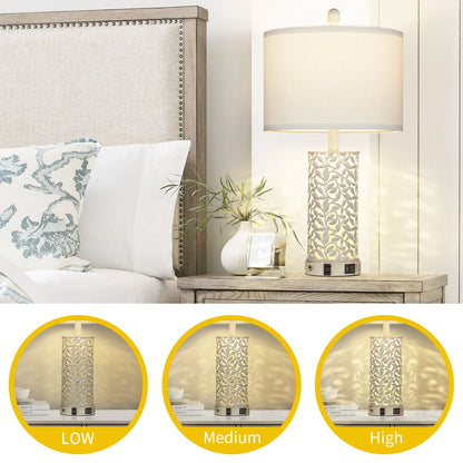 Cinkeda Table Lamp Set of 2 for Living Room Bedroom with USB Ports AC Outlet 3 Way Dimmable Touch Nightlight Farmhouse White Floral Nightstand Bedside Lamps