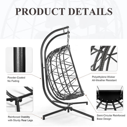 RADIATA Double Wicker Egg Swing Chair with Stand, 2-Person Hanging Egg Chair for Indoor/Outdoor, 700lbs Capacity, Thick Cushions & Headrest,Sturdy Metal Frame��Dark Gray