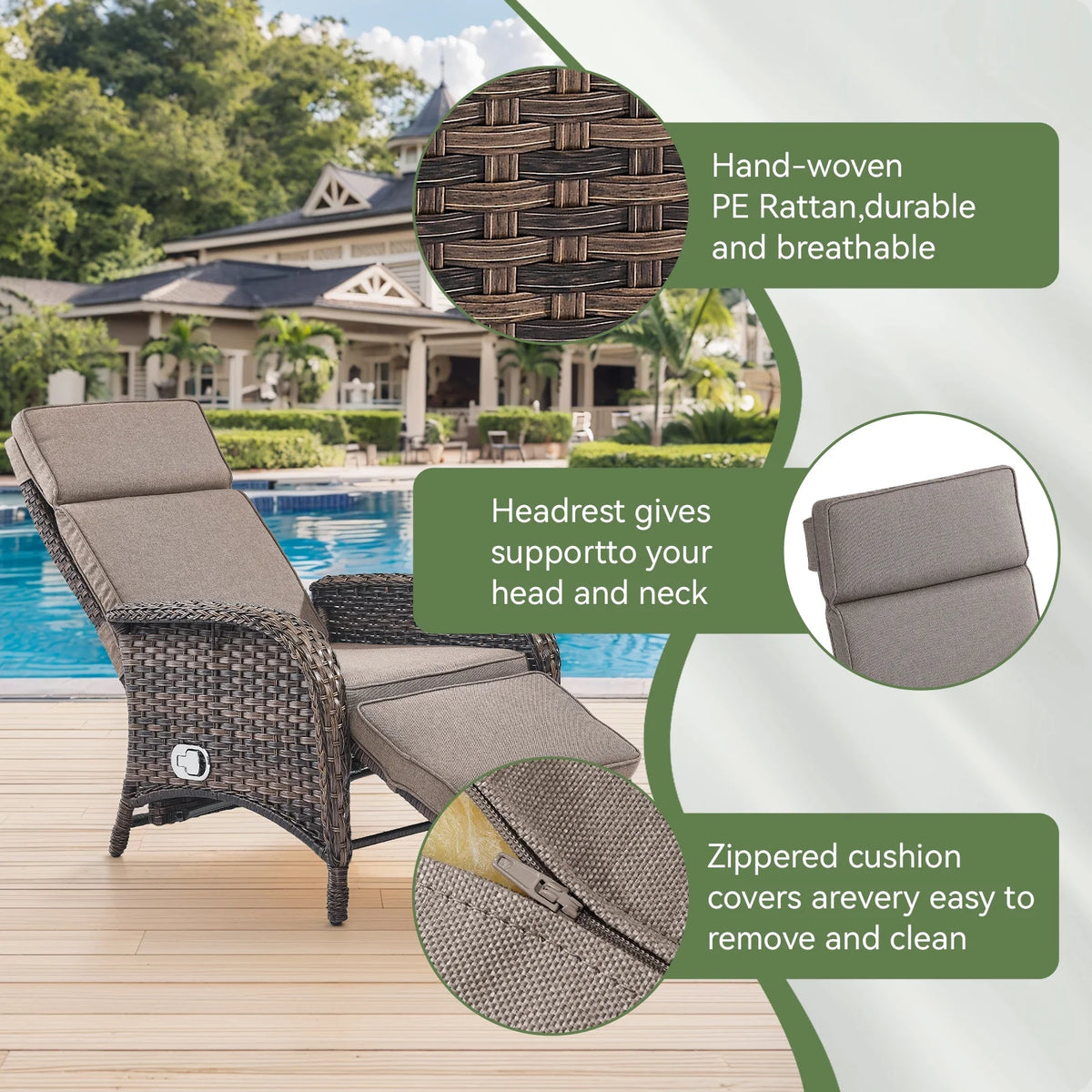 OPOHORO Outdoor Recliner Chair, Adjustable Reclining Patio Chair with Cushion, Wicker Outdoor Chaise Lounge with Adjustable Backrest and Footrest, Ideal for Pool Deck, Beige