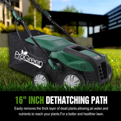 2-in-1 16" Walk Behind Electric Dethatcher Scarifier 15 Amp with Large 58QT Removable Collection Bag for Lawn Yard Garden Care