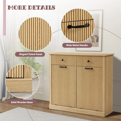 Haverchair Double Tilt Out Laundry Hamper Cabinet, Modern Fluted Trash Can Cabinets with Drawer, Wooden Hidden Garbage Cabinet for Kitchen and Bathroom