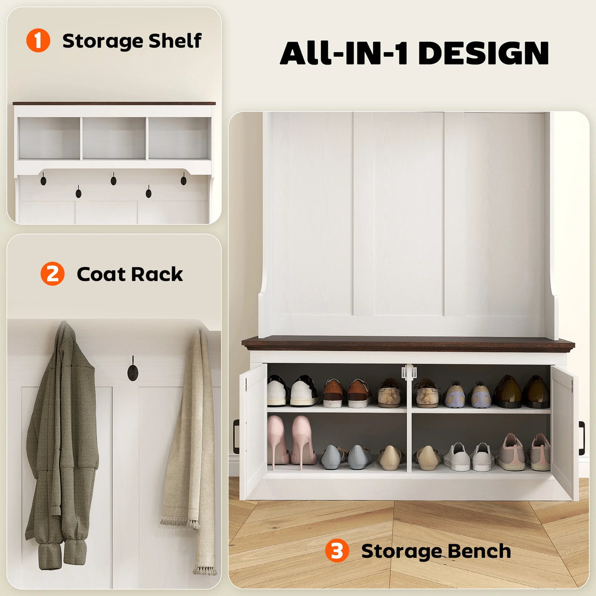 HOMCOM Hall Tree with Shoe Storage, Coat Rack with Shoe Bench, White
