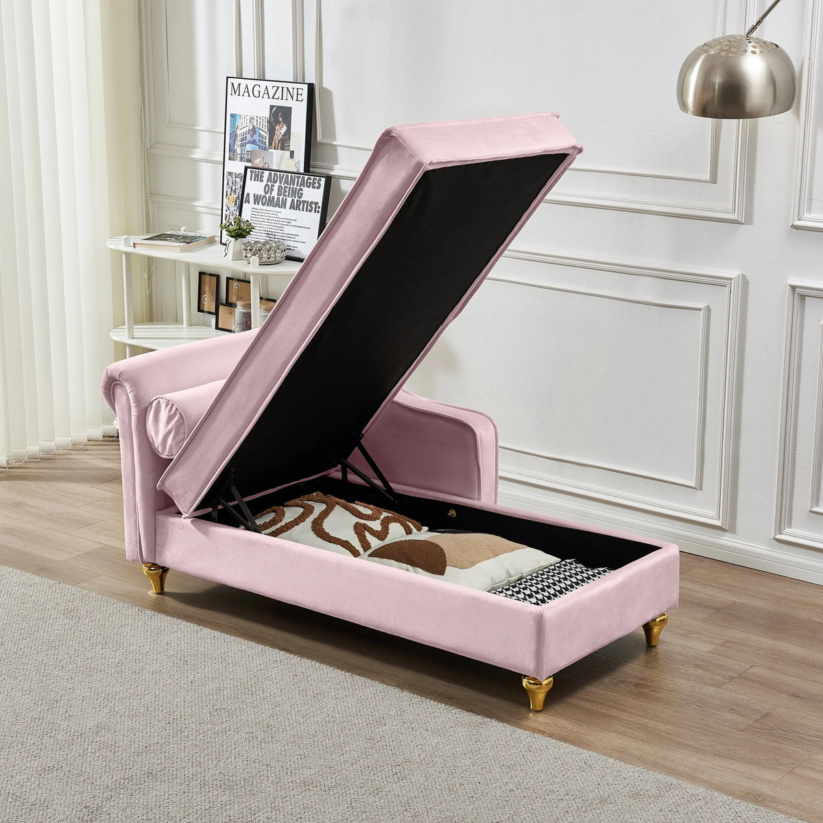 60.6" Velvet Chaise Lounge with Storage, Small Sofa Trimmed with Solid Metal Legs with 1 Pillow, Pink