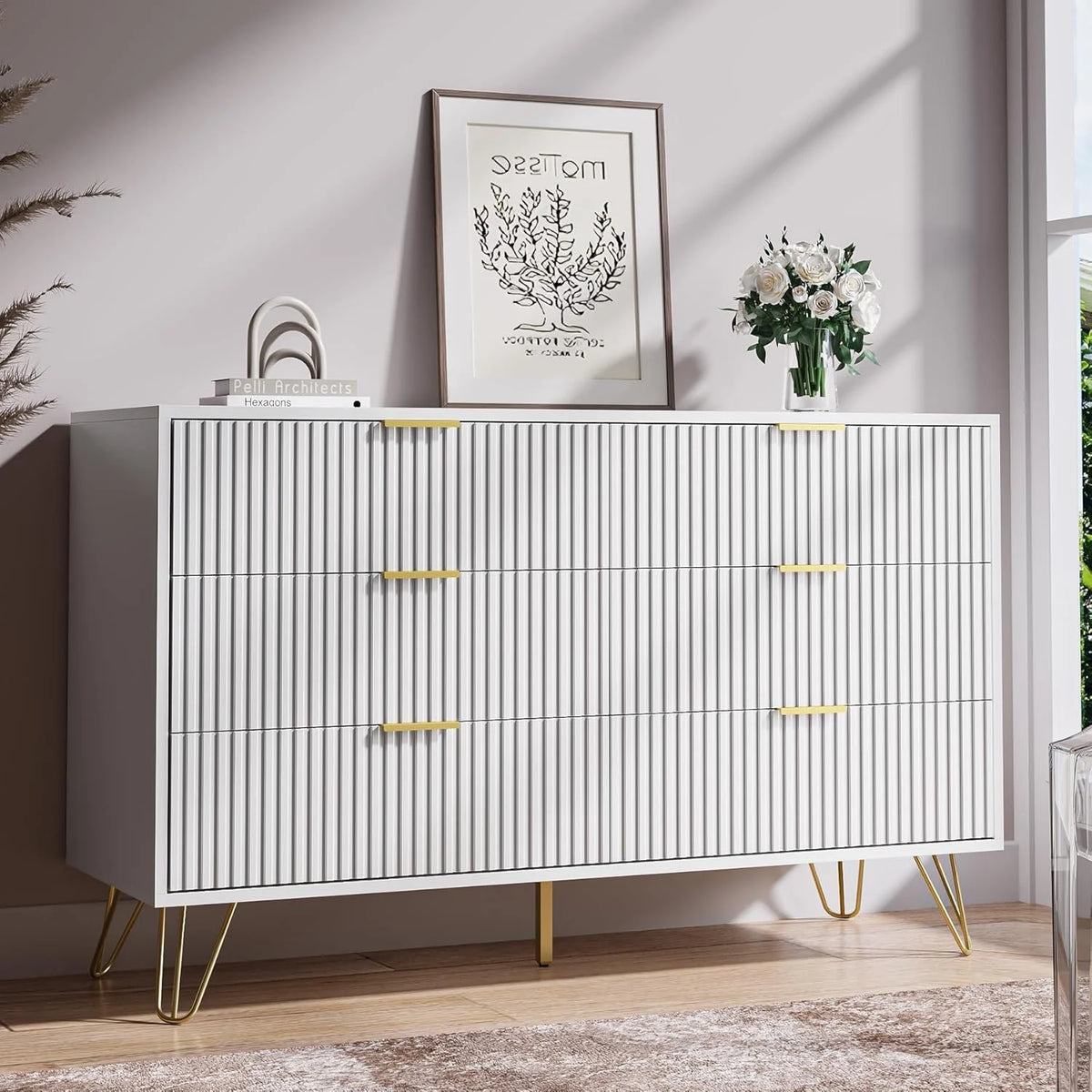 FURNIWAY White 6 Drawer Dresser for Bedroom, Modern Dresser with Gold Metal Handles,Fluted Wood TV Stand for Living Room, Hallway