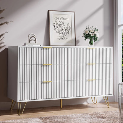 FURNIWAY White 6 Drawer Dresser for Bedroom, Modern Dresser with Gold Metal Handles,Fluted Wood TV Stand for Living Room, Hallway
