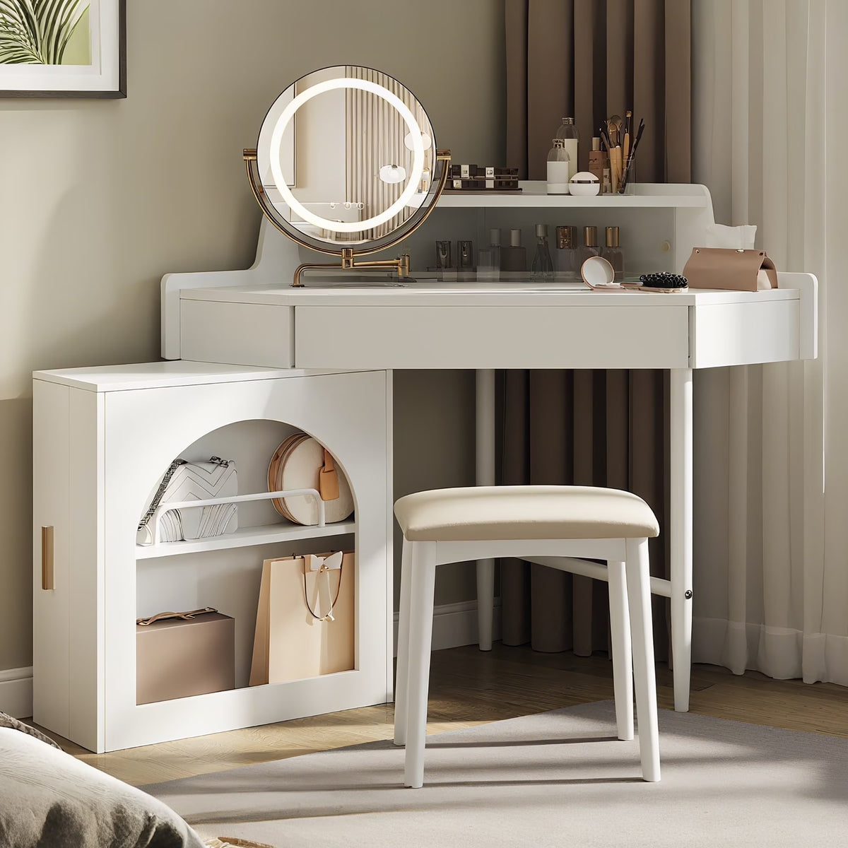 MODERNLUXE Corner Makeup Vanity Desk with Folding Mirror and Lights,Modern Vanity Set with 1 Stool,2 Drawers and 3 Shelves for Bedroom,Women, and Girls,Walnut