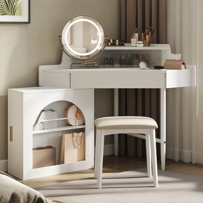 MODERNLUXE Corner Makeup Vanity Desk with Folding Mirror and Lights,Modern Vanity Set with 1 Stool,2 Drawers and 3 Shelves for Bedroom,Women, and Girls,Walnut