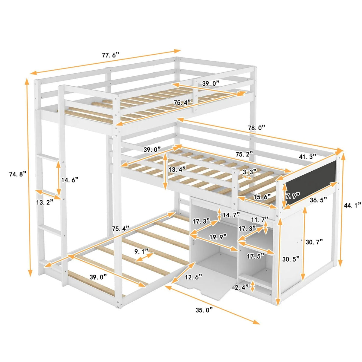 Triple Bunk Beds, L-Shaped Triple Beds with Storage Cabinet & Blackboard, Solid Wood Bunk Beds Frame with Full-length Guardrails & Built-in Ladder for Kids, Teens, 3 Beds in 1, Twin/Twin/Twin, White