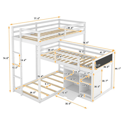 Triple Bunk Beds, L-Shaped Triple Beds with Storage Cabinet & Blackboard, Solid Wood Bunk Beds Frame with Full-length Guardrails & Built-in Ladder for Kids, Teens, 3 Beds in 1, Twin/Twin/Twin, White