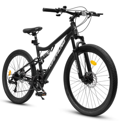 26 Inch Mountain Bike Dual Full Suspension, Shimano 21-Speed Mountain Bicycle with Dual Disc Brakes and Carbon Steel Frame, Trail Beach Snow Commuter City Bike for Adult Men Women, Black