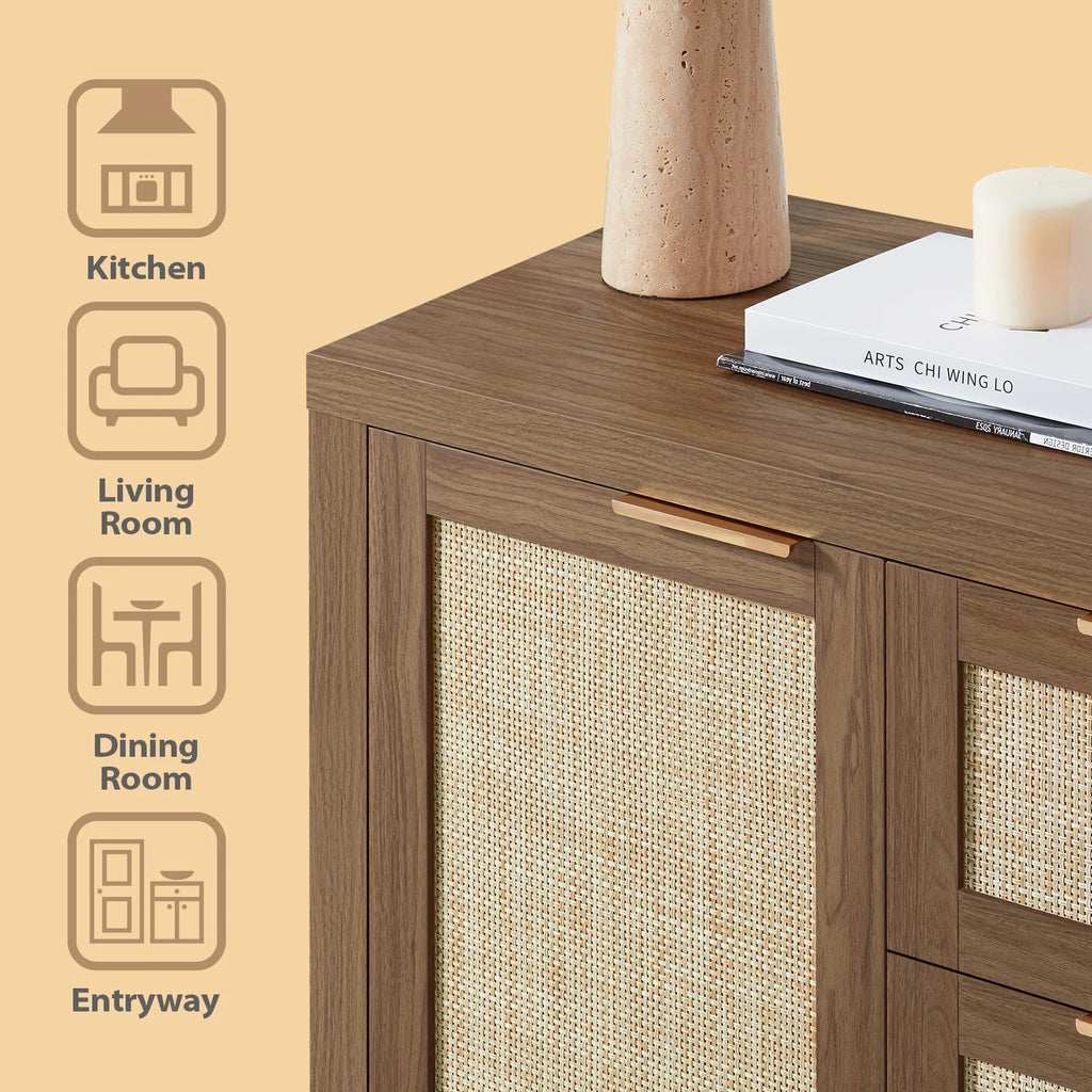 ARKANTOS Sideboards and Buffets, Boho Storage Cabinets with Rattan Doors and Drawers, Natural Oak