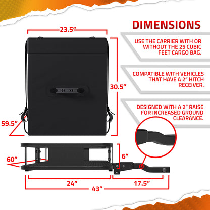 Mockins XL Trailer Hitch Cargo Carrier Hitch Mount | 500 lbs. Hitch Basket Capacity - 60"x24"x6" | 25 Cu. Ft. Bag & Accessories