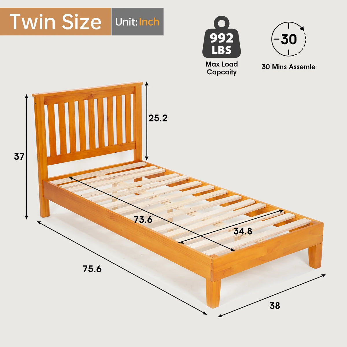 YRLLENSDAN Adult 37 Inches Bed Frames with Headboard, Twin