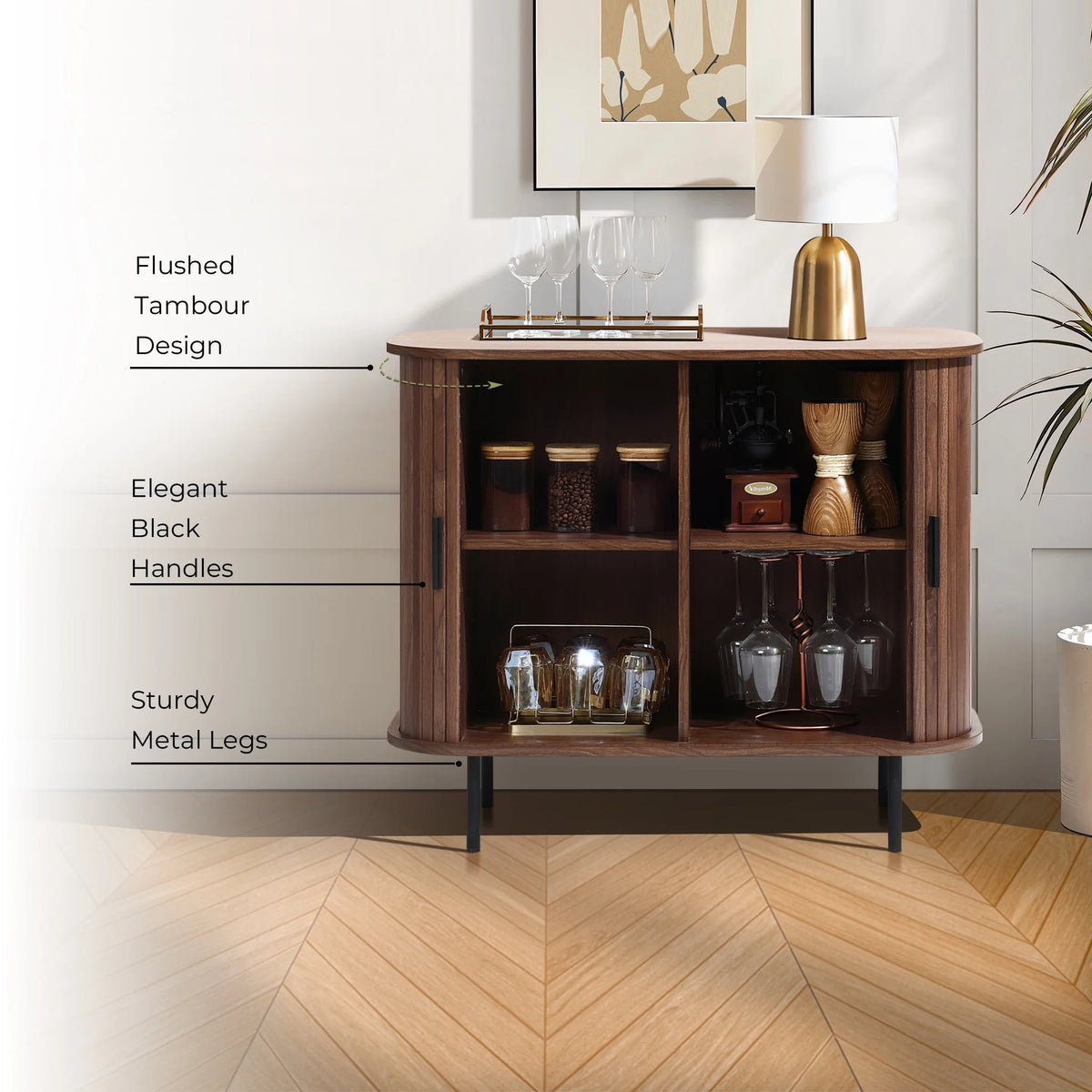 LuxenHome 35" Mid Century Modern Accent Cabinet, Small Buffet Cabinet with Sliding Door, Oak