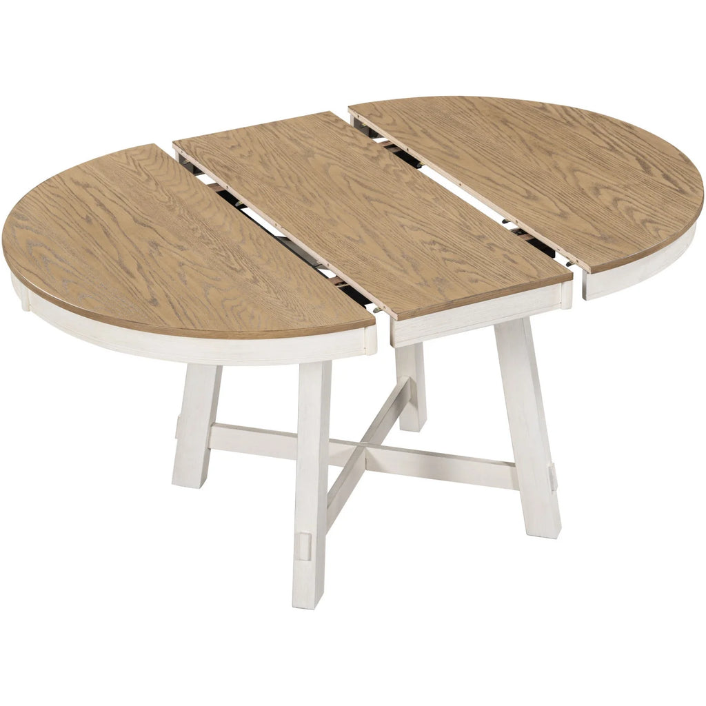 Harper & Bright Designs Round Extendable Dining Table Set for 4, 5 Piece Farmhouse Wood Dining Table Set with 4 Upholstered Dining Chairs, Natural Wood Wash