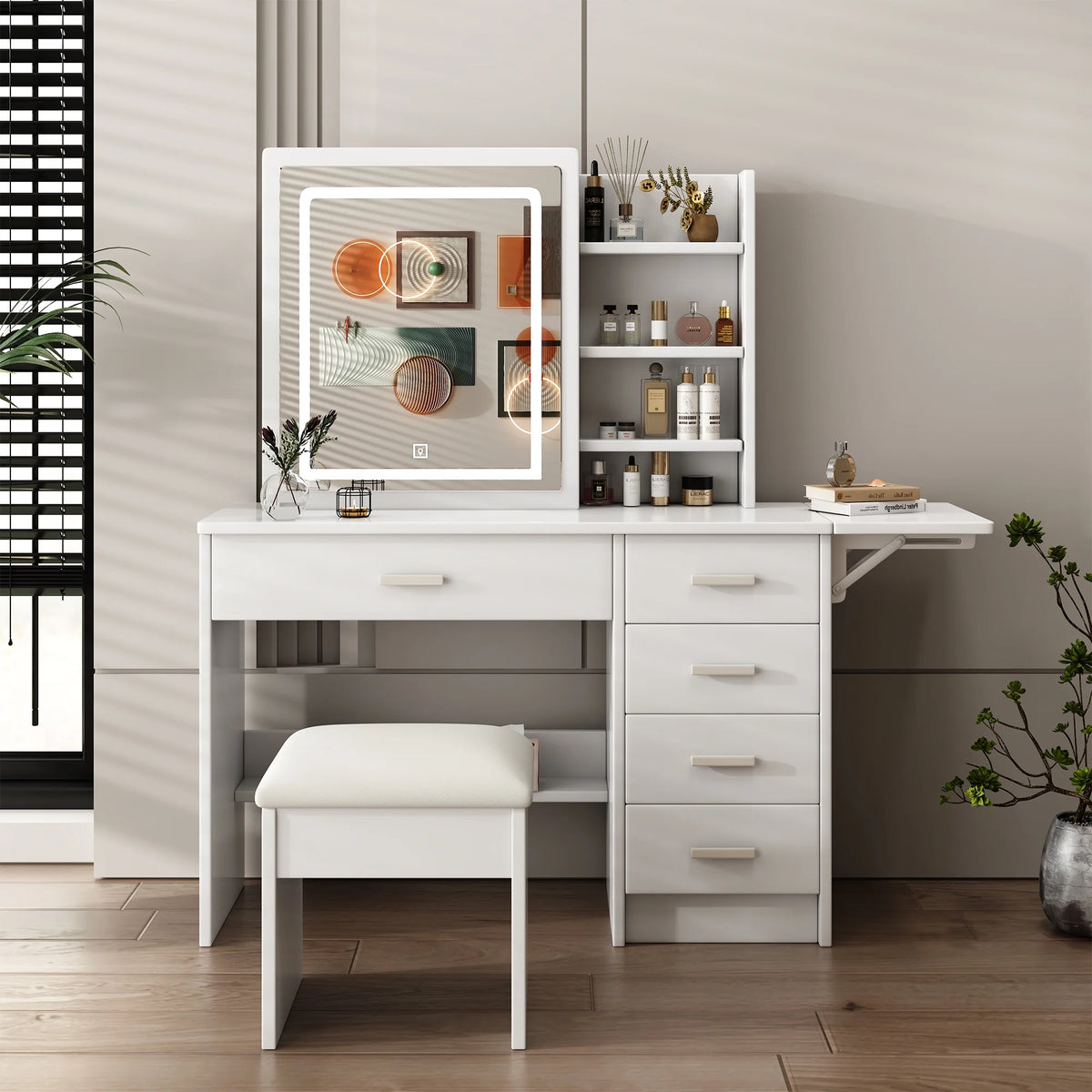 Montary Modern Mini Vanity w/Adjustable LED Mirror + Hidden Storage, Padded Stool & Dustproof Shelves (White)