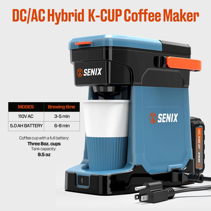 SENIX Single Serve Coffee Maker, Plug-in & Battery Coffee Machine, 8oz, Compatible with K-Cup, Grounds, Pods for Travel, Camping, Outdoor, Home, Job Sites �� Includes Battery & Charger