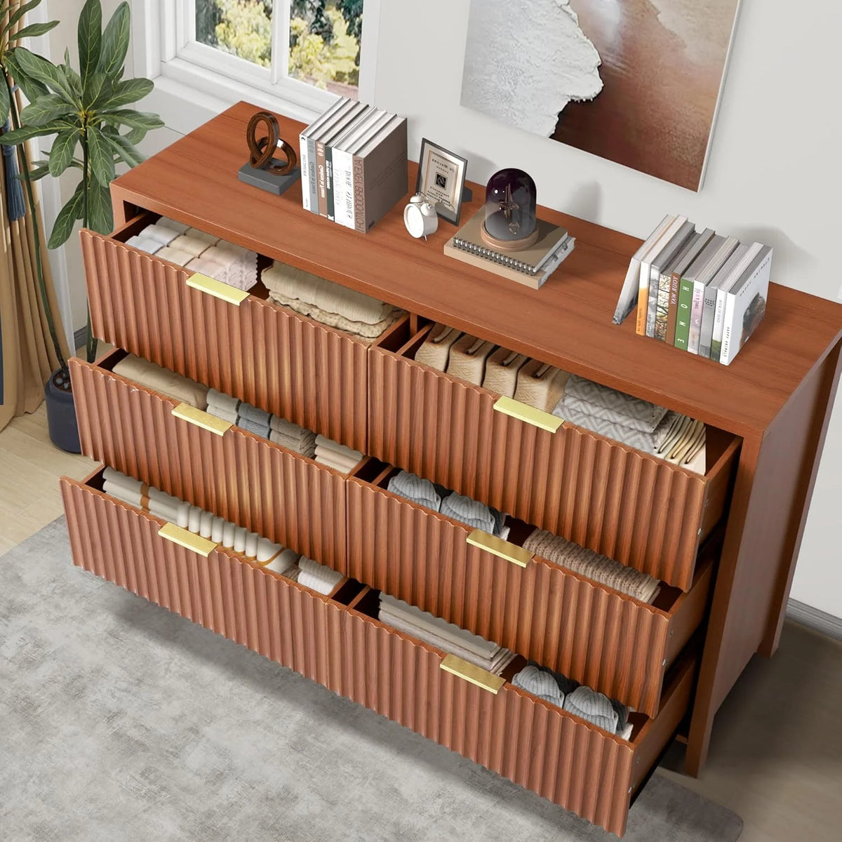 Magic Union Fluted 6 Drawers Dresser for Bedroom, 54" Wide Chest of Drawers with Thick Plank Styling, Wooden Storage Drawer Organizer for Bedroom, Living Room,Hallway, Entryway, Brown