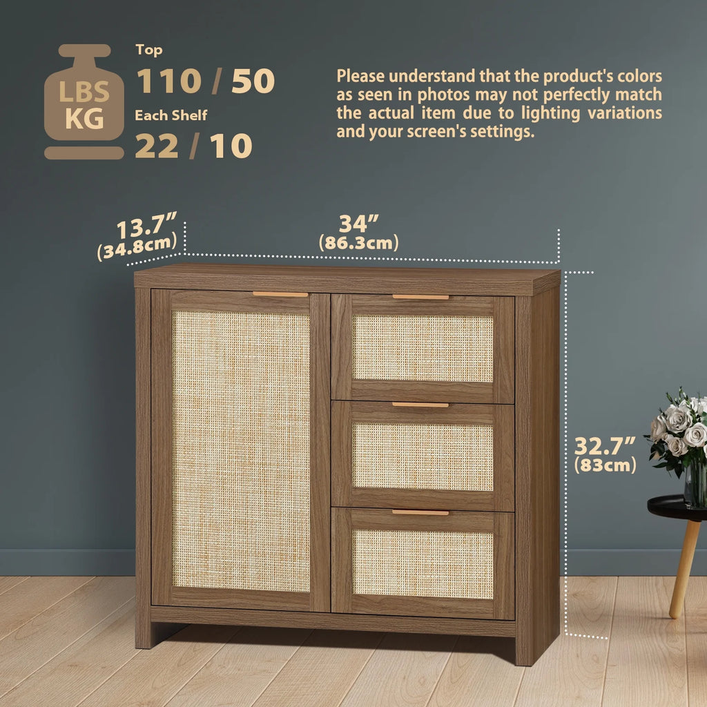 ARKANTOS Sideboards and Buffets, Boho Storage Cabinets with Rattan Doors and Drawers, Natural Oak