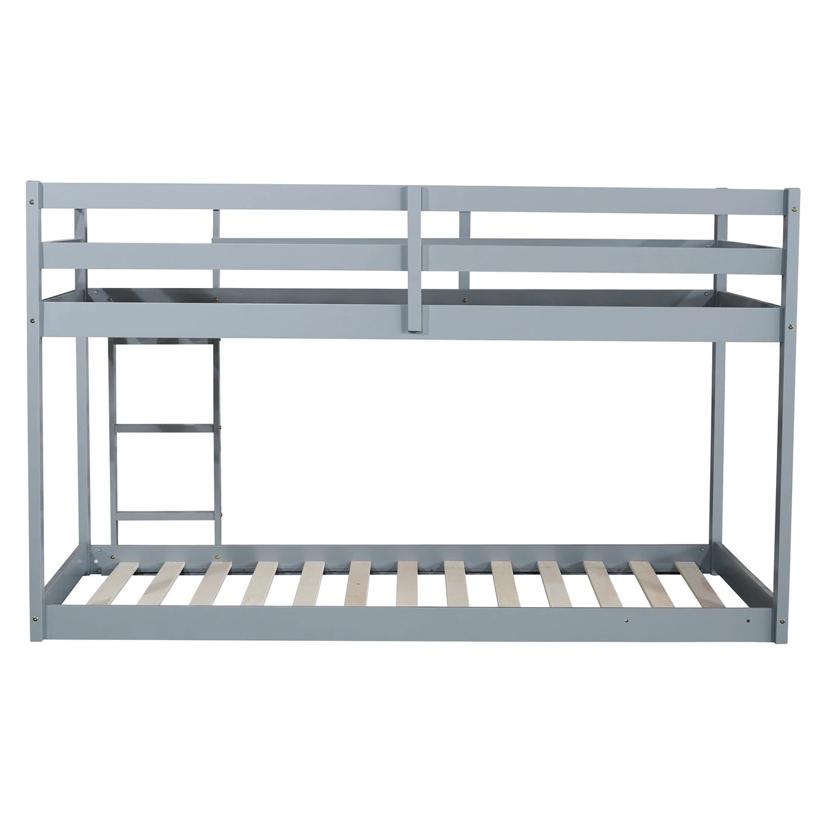 Twin Over Twin Floor Bunk Bed, UHOMEPRO Solid Wood Low Bunk Bed with Safety Rail, Ladder, Heavy Duty Bunk Beds, Space-Saving Bedroom Dorm Furniture, Gray