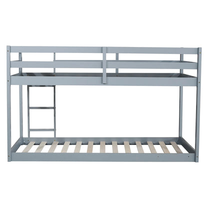 Twin Over Twin Floor Bunk Bed, UHOMEPRO Solid Wood Low Bunk Bed with Safety Rail, Ladder, Heavy Duty Bunk Beds, Space-Saving Bedroom Dorm Furniture, Gray