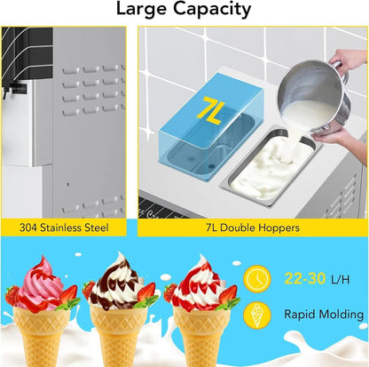 Garvee Commercial Ice Cream Machine 3-Flavor Floor Soft Serve Yogurt Maker 5.8-8Gal/H Yield With 2*7L Hoppers & 2*1.8L Cylinders