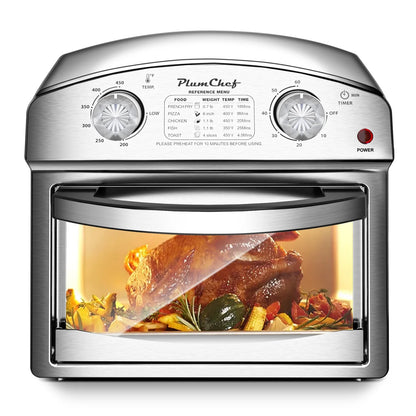 PlumChef 12 Quart 4 Slices Air Fryer Convection Toaster Oven, 1500W , 4 Cooking Modes,  7 in 1 Multifunction with Roast,  Bake, Grill, Broil, Toast, Dehydrate, Defrost, Stainless Stee